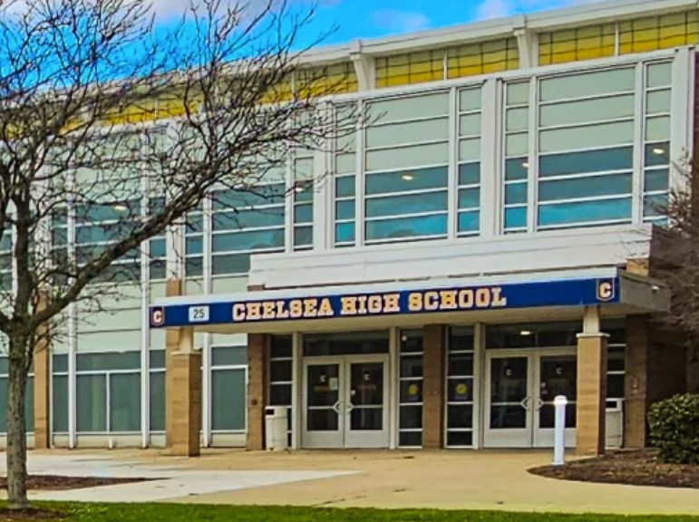 Color photograph of the entrance to the current Chelsea High School located at N. Freer Road.