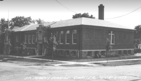 Vintage photograph of the rebuilt St. Mary's School on Congdon Street in Chelsea, MI.