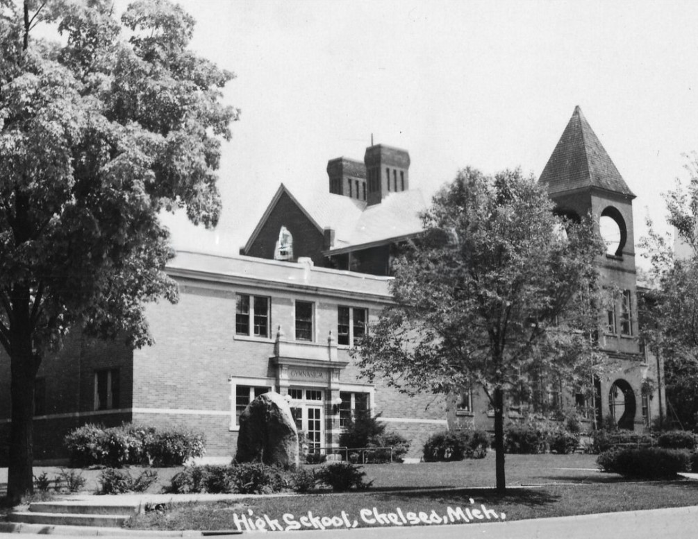 Photograph shows the Union and High Schools on East Street with the new auditorium addition in between.